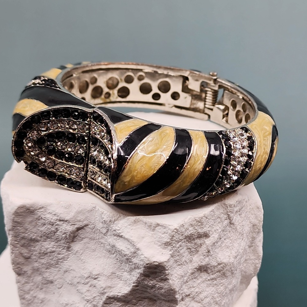 Black Cream Enamel Rhinestone Hinged Bangle Bracelet Silver Tone Glam Jewelry